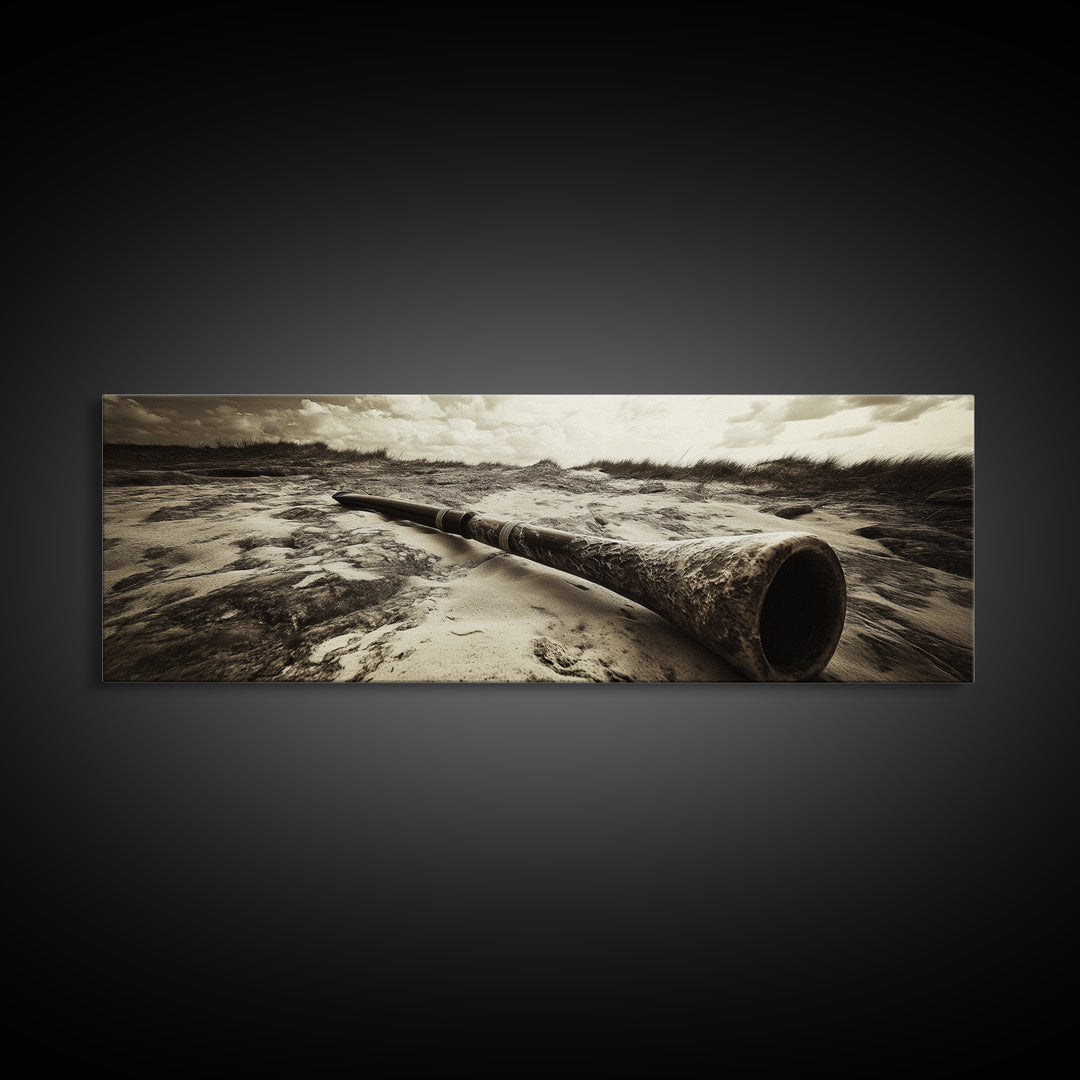 Didgeridoo Desert Scene, Tribal Instrument Art, Rustic Beach Vibe, Boho Music Decor, Framed Canvas Print, Eclectic Living Room Wall Art