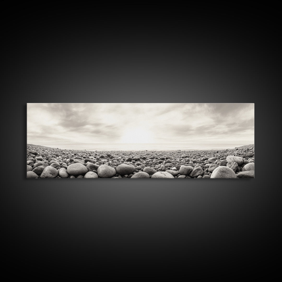 Pebble Shoreline, Soft Horizon, Beach Sunrise, Calm Coastal Decor, Framed Canvas Print, Neutral Tones, Bedroom Wall Art, Nature Minimalism