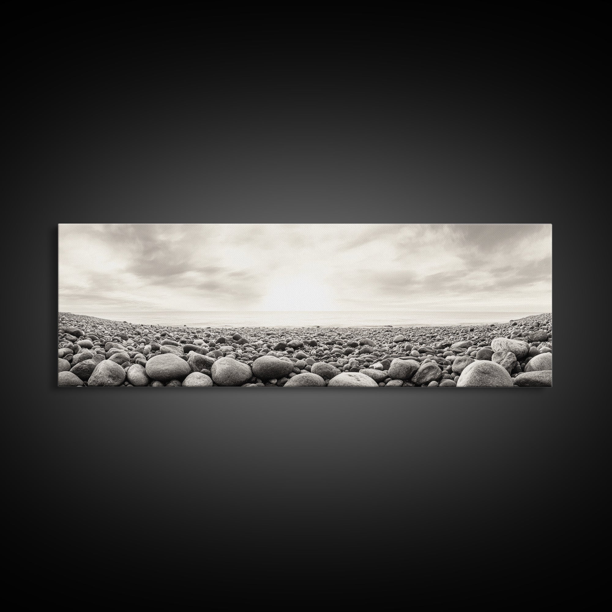 Pebble Shoreline, Soft Horizon, Beach Sunrise, Calm Coastal Decor, Framed Canvas Print, Neutral Tones, Bedroom Wall Art, Nature Minimalism