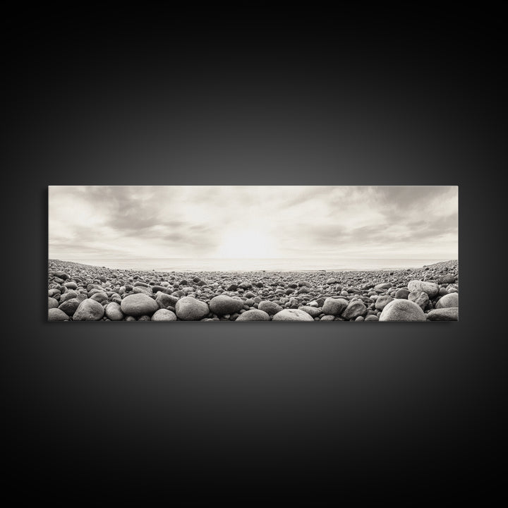 Pebble Shoreline, Soft Horizon, Beach Sunrise, Calm Coastal Decor, Framed Canvas Print, Neutral Tones, Bedroom Wall Art, Nature Minimalism