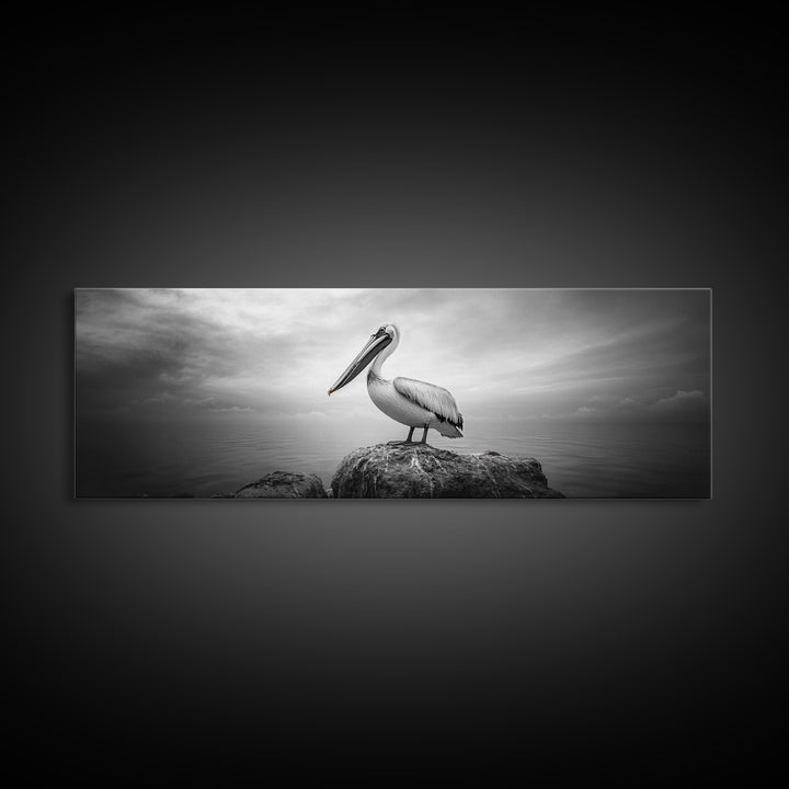 Coastal Pelican, Ocean Rock, Tranquil Wildlife Scene, Framed Canvas Print, Beach House Wall Art, Seaside Nature Decor, Moody Tones