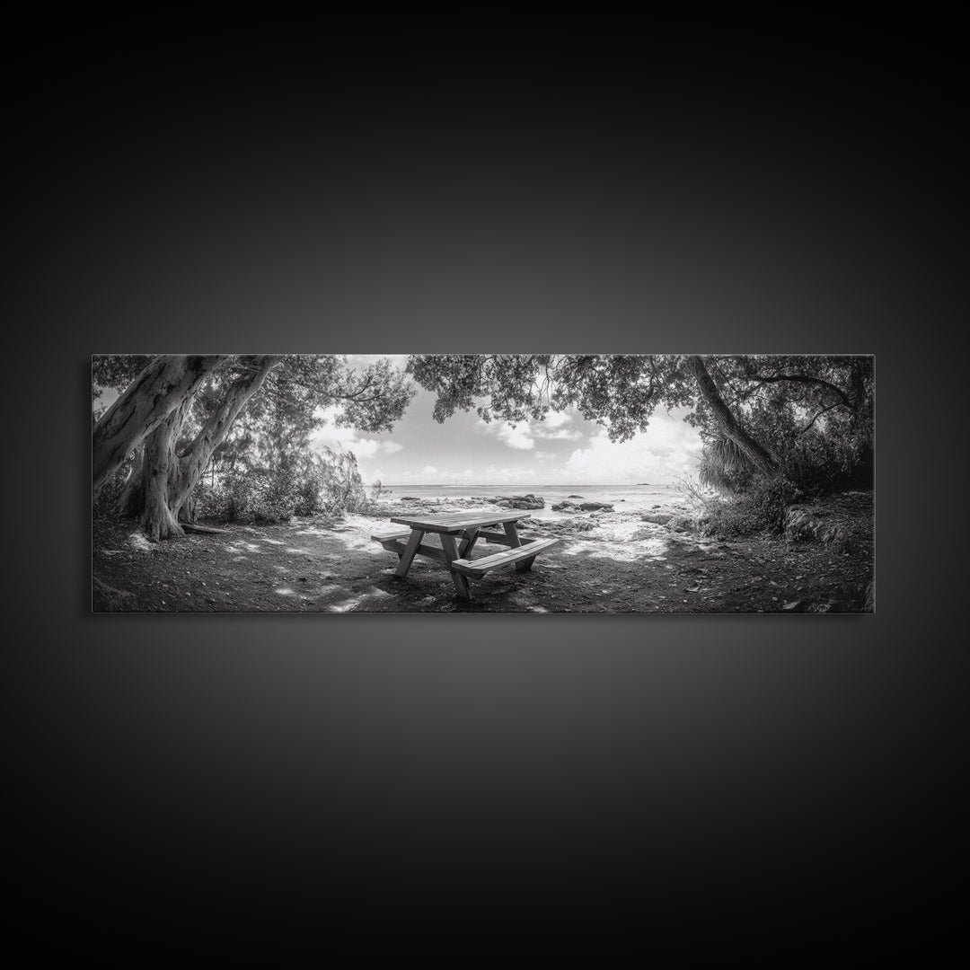 Secluded Picnic Spot, Ocean View, Tranquil Escape, Nature Sanctuary Art, Framed Canvas Print, Kitchen Wall Decor, Coastal Forest Vibe