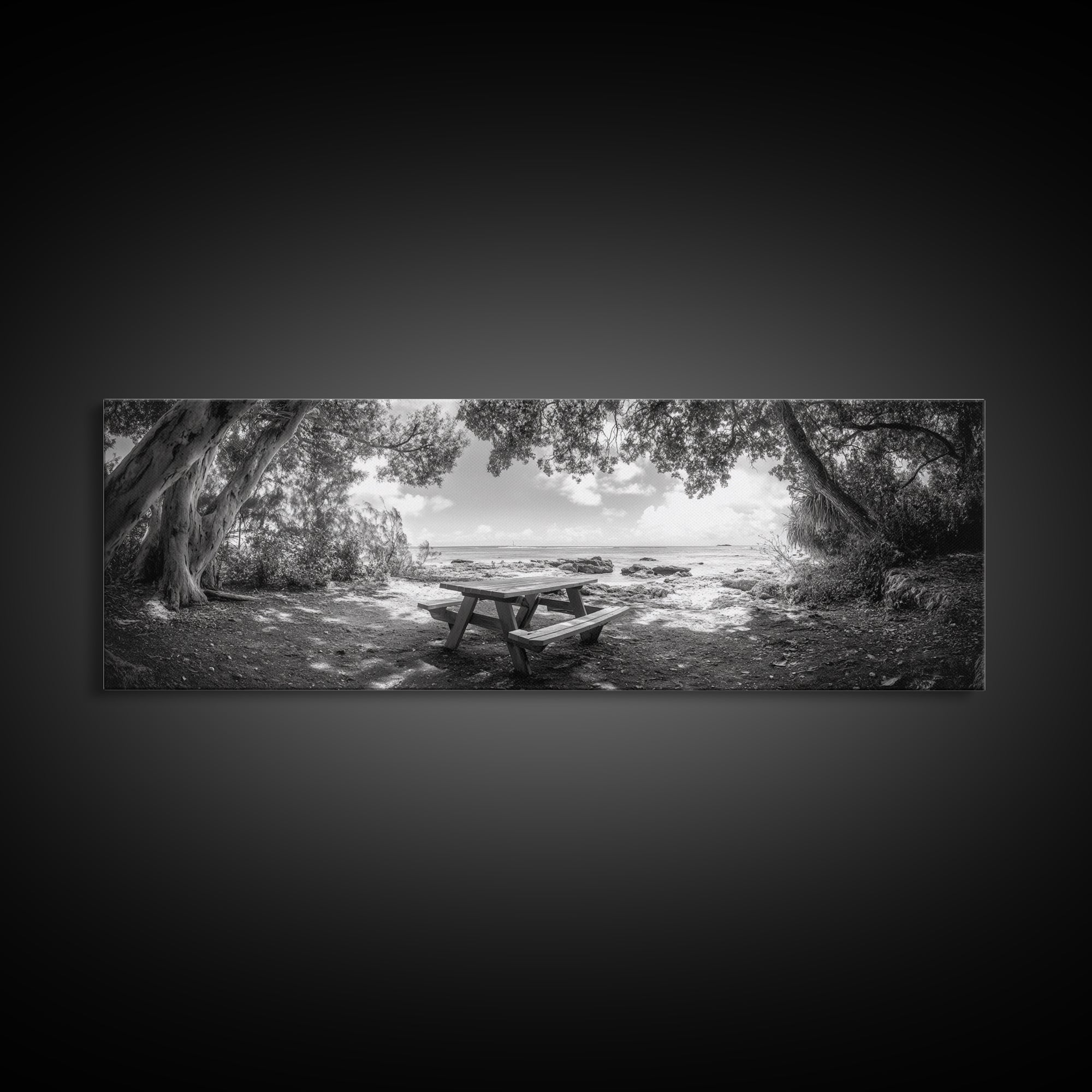 Secluded Picnic Spot, Ocean View, Tranquil Escape, Nature Sanctuary Art, Framed Canvas Print, Kitchen Wall Decor, Coastal Forest Vibe