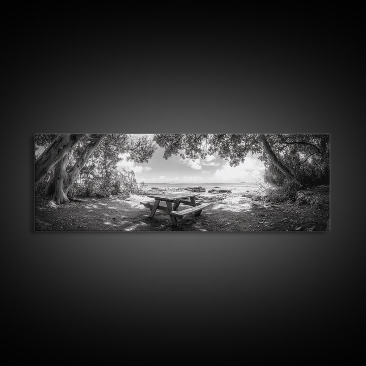 Secluded Picnic Spot, Ocean View, Tranquil Escape, Nature Sanctuary Art, Framed Canvas Print, Kitchen Wall Decor, Coastal Forest Vibe