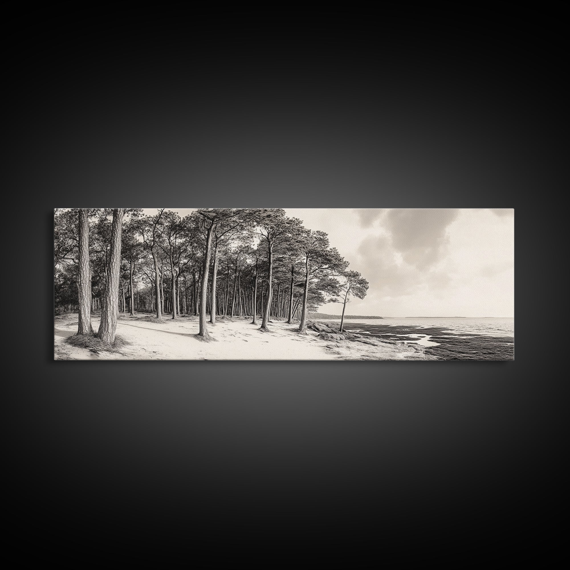 Pine Forest Coast, Tranquil Wilderness, Shoreline Trees, Earthy Coastal Scene, Framed Canvas Print, Rustic Wall Art, Autumn Cabin Decor