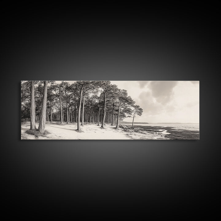 Pine Forest Coast, Tranquil Wilderness, Shoreline Trees, Earthy Coastal Scene, Framed Canvas Print, Rustic Wall Art, Autumn Cabin Decor