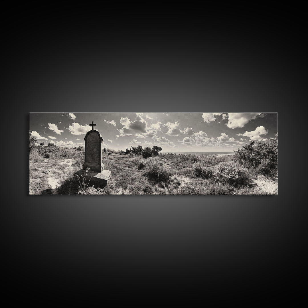 Coastal Tombstone, Sacred Landscape, Ocean Horizon, Graveyard Scene, Framed Canvas Print, Fall Living Room Decor, Moody Historical Art