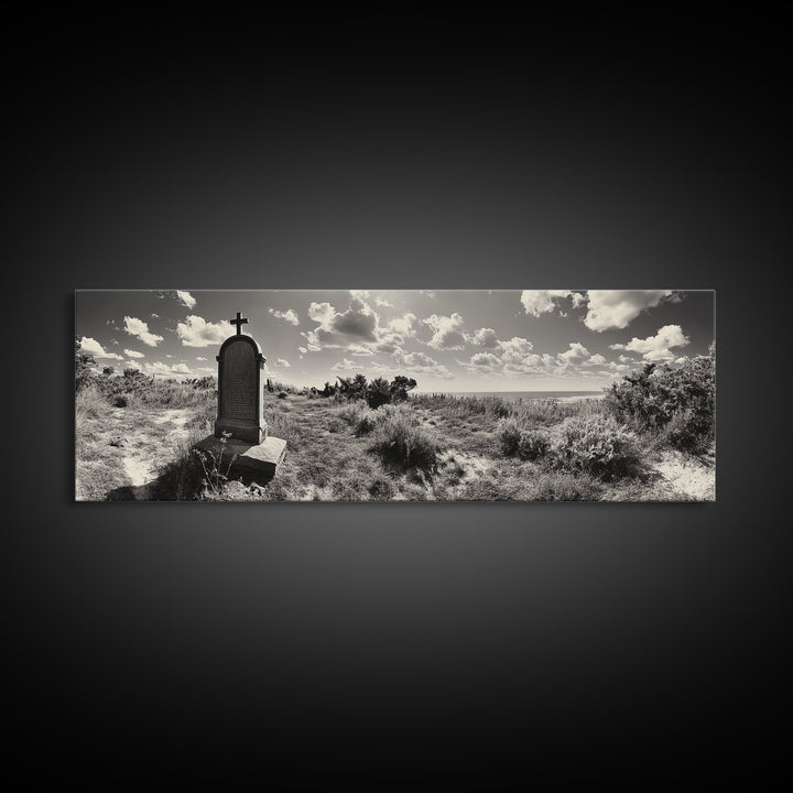 Coastal Tombstone, Sacred Landscape, Ocean Horizon, Graveyard Scene, Framed Canvas Print, Fall Living Room Decor, Moody Historical Art