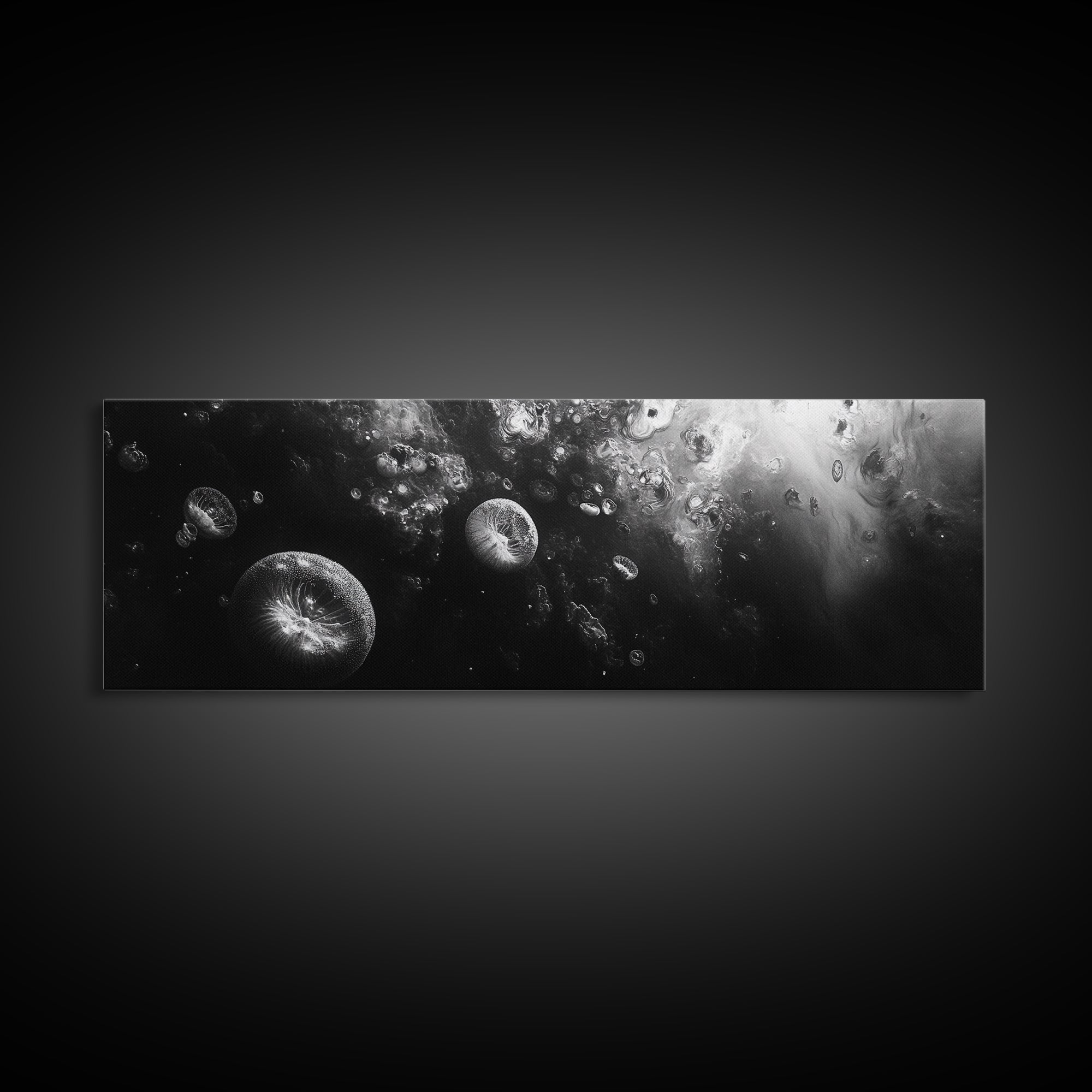 Jellyfish Dreams, Ocean Depths, Abstract Motion, Canvas Print, Coastal Bathroom Art, Nautical Theme, Moody Black and White Sea Life