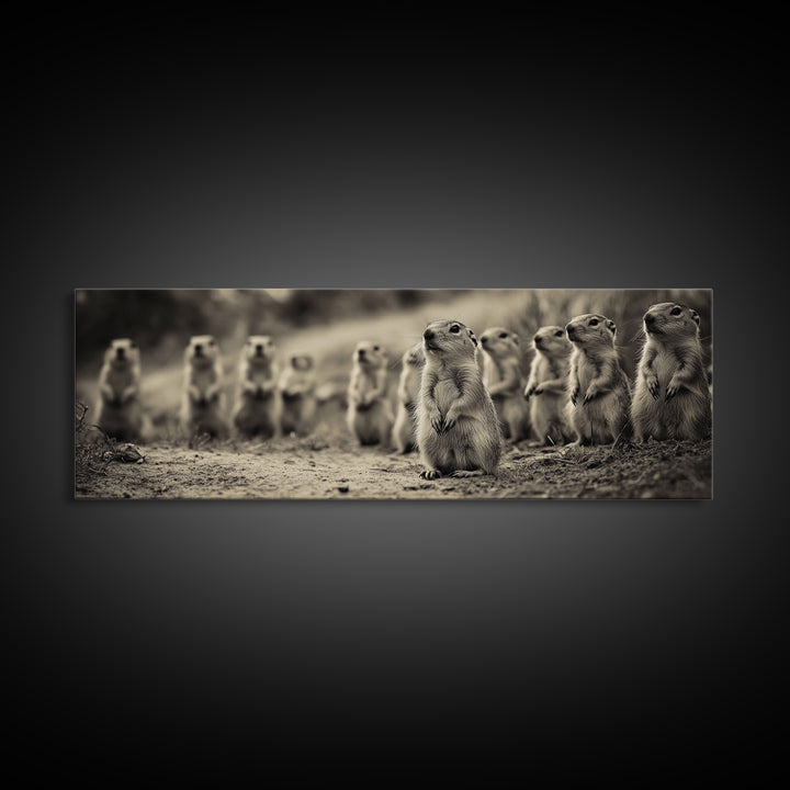 Prairie Dogs, Whimsical Critters, Nature Gathered, Canvas Print, Kids Room Art, Cute Animal Decor, Playful Black and White Art