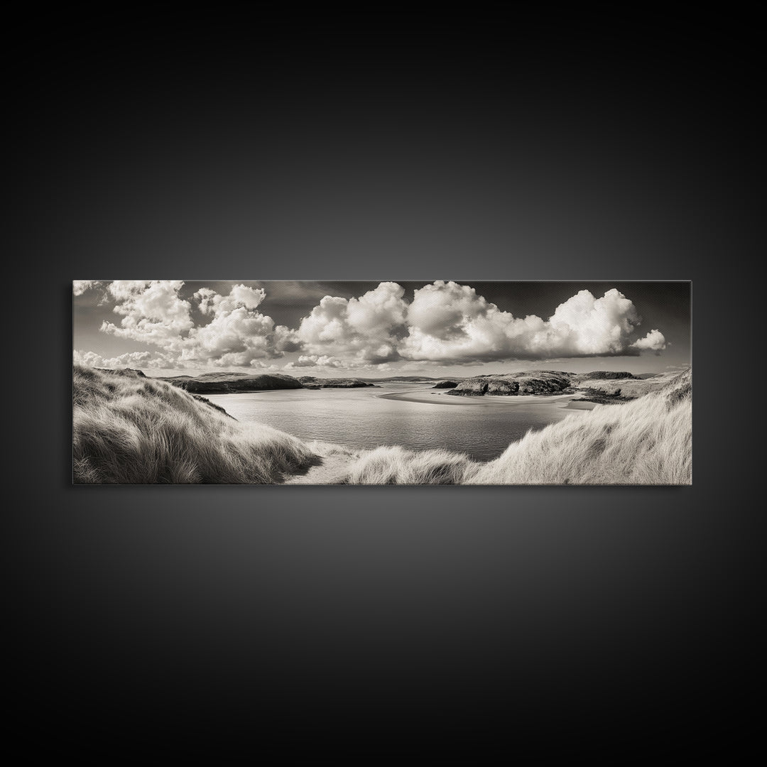 Misty Lake, Peaceful Shore, Cloud Reflections, Canvas Print, Black and White Nature Art, Coastal Landscape, Bedroom Wall Art, Minimalist Decor