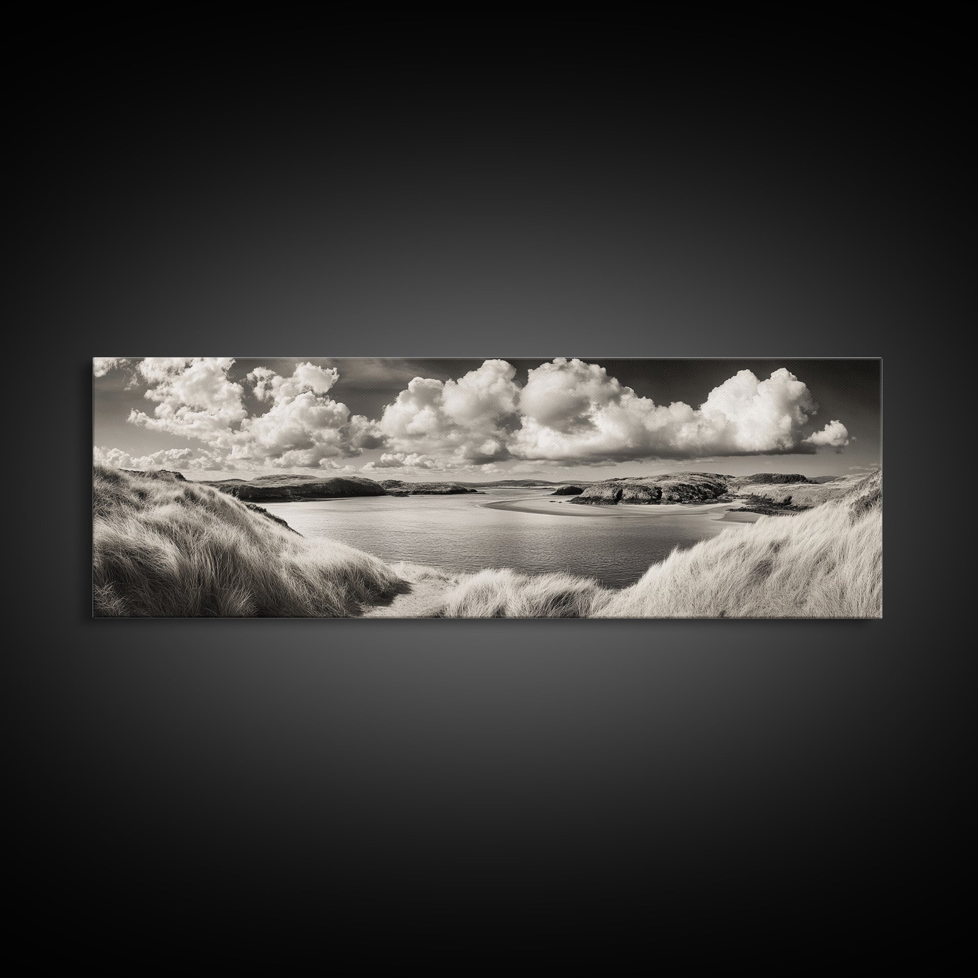 Misty Lake, Peaceful Shore, Cloud Reflections, Canvas Print, Black and White Nature Art, Coastal Landscape, Bedroom Wall Art, Minimalist Decor