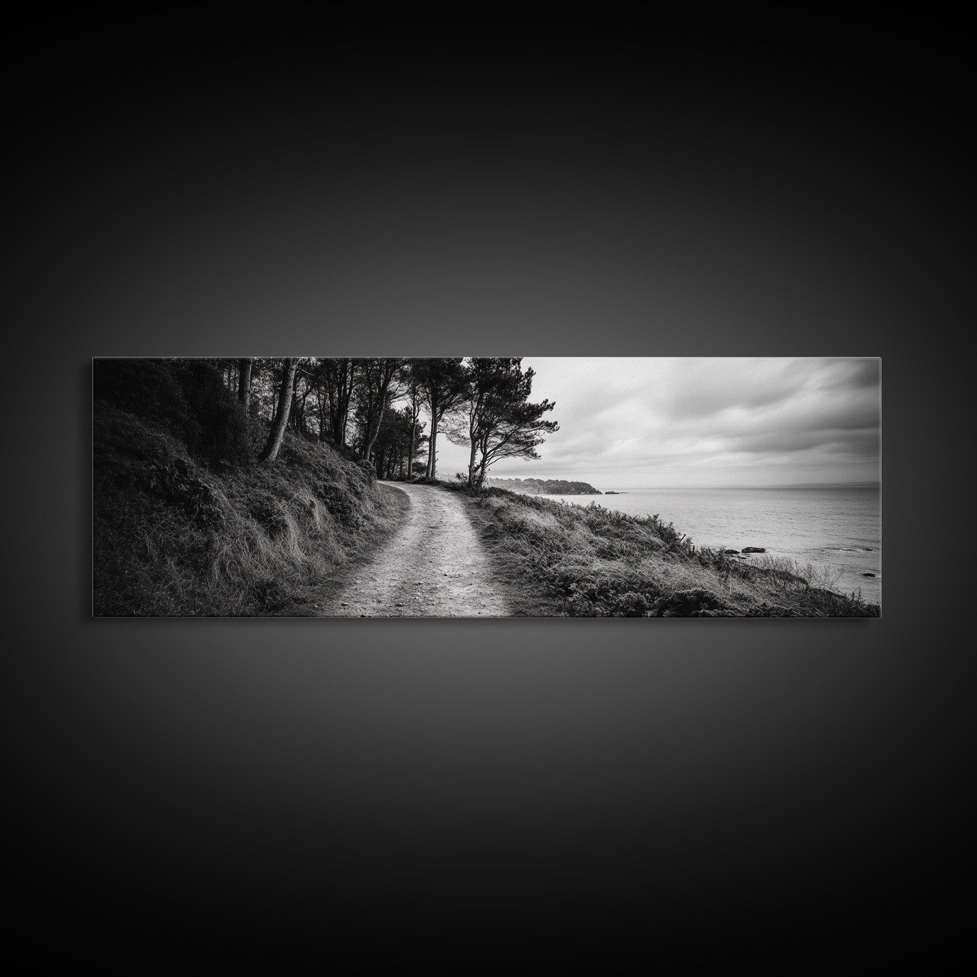 Coastal Trail, Forest Edge, Serene Path, Canvas Print, Black and White Nature Art, Entryway Wall Art, Tranquil Landscape, Moody Decor