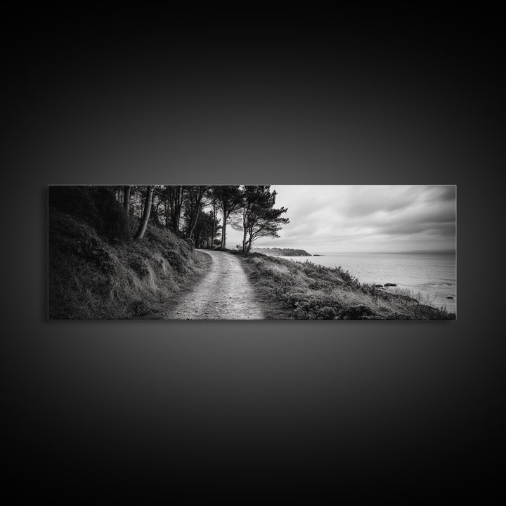 Coastal Trail, Forest Edge, Serene Path, Canvas Print, Black and White Nature Art, Entryway Wall Art, Tranquil Landscape, Moody Decor