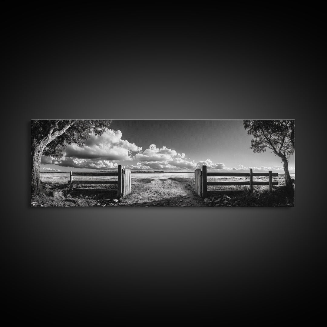 Wooden Fence, Open Field, Cloud Horizon, Framed Canvas Print, Country Landscape Photography, Entryway Wall Art, Farmhouse Autumn Decor