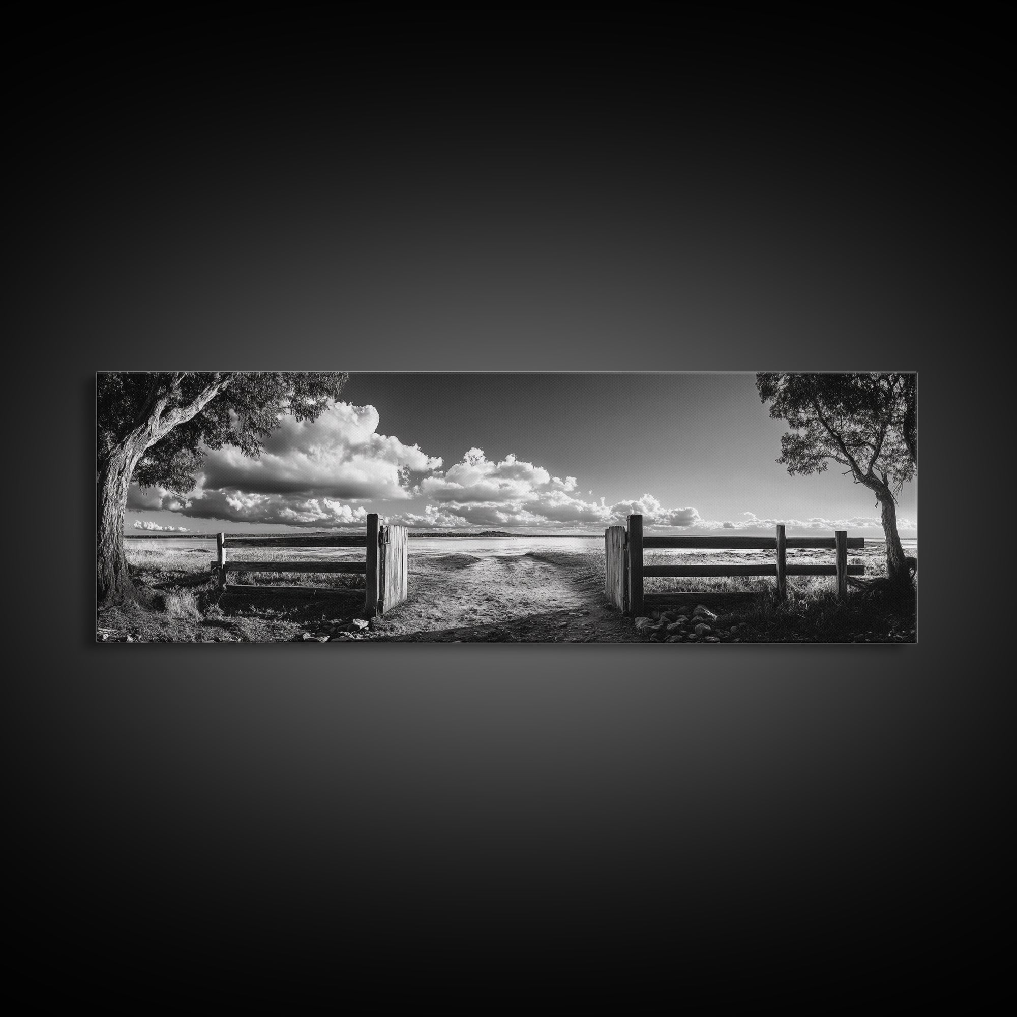 Wooden Fence, Open Field, Cloud Horizon, Framed Canvas Print, Country Landscape Photography, Entryway Wall Art, Farmhouse Autumn Decor