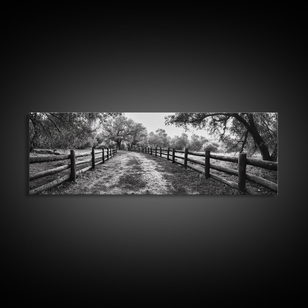 Tree Tunnel, Country Path, Fence Shadows, Framed Canvas Print, Black and White Nature Art, Rustic Wall Art, Autumn Entryway Decor