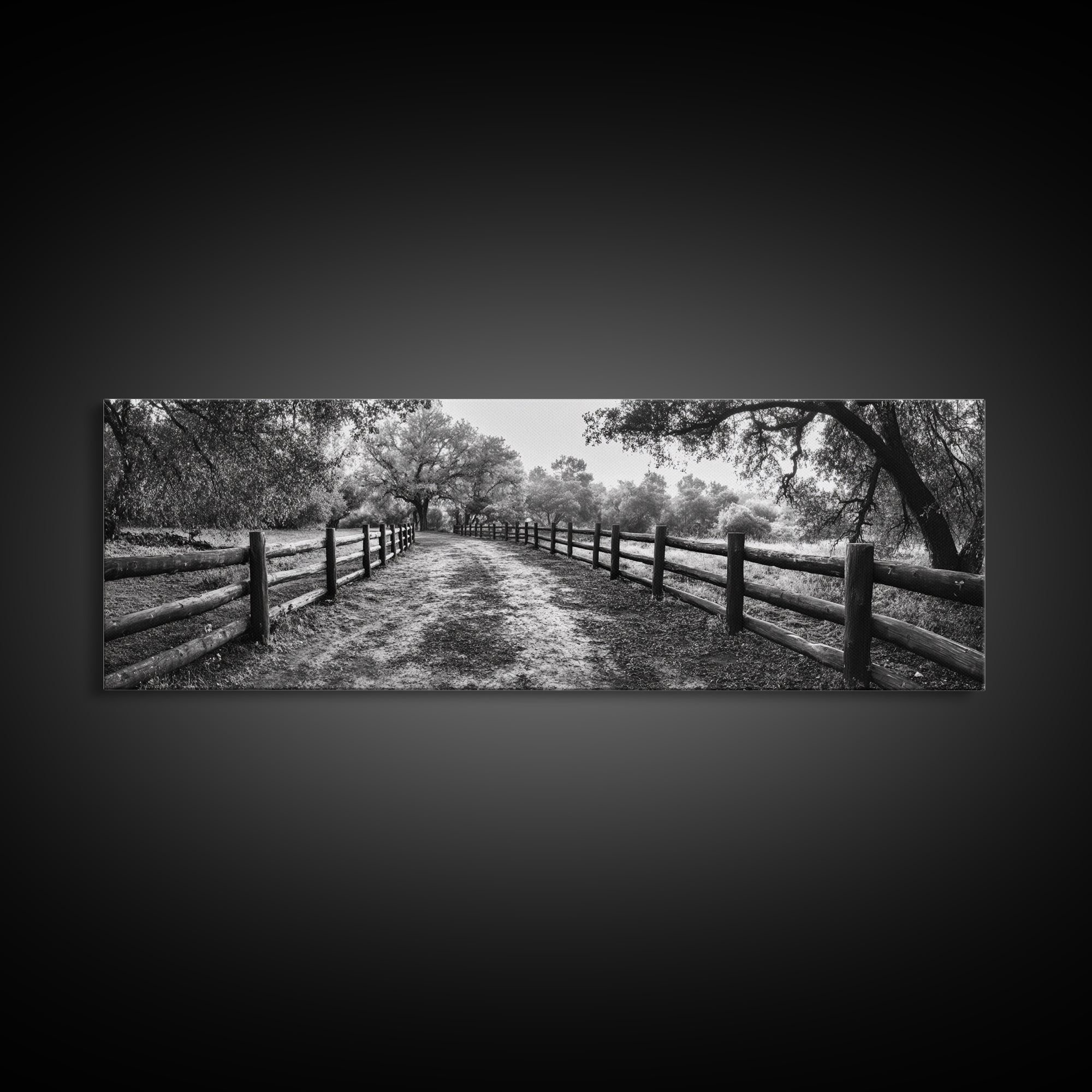 Tree Tunnel, Country Path, Fence Shadows, Framed Canvas Print, Black and White Nature Art, Rustic Wall Art, Autumn Entryway Decor