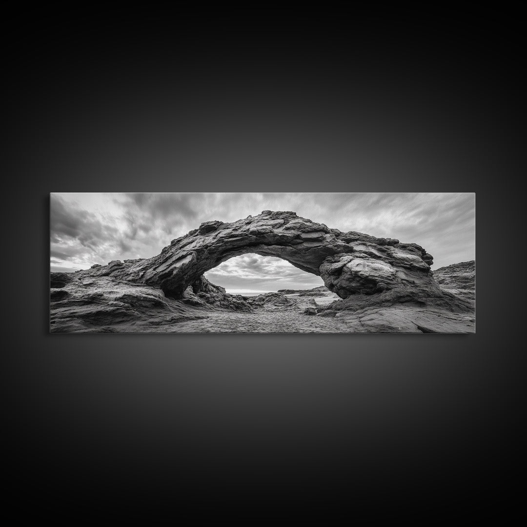 Rock Arch Landscape, Desert Formations, Dramatic Sky, Framed Canvas Print, Living Room Wall Art, Nature Inspired Decor, Monochrome Vibe