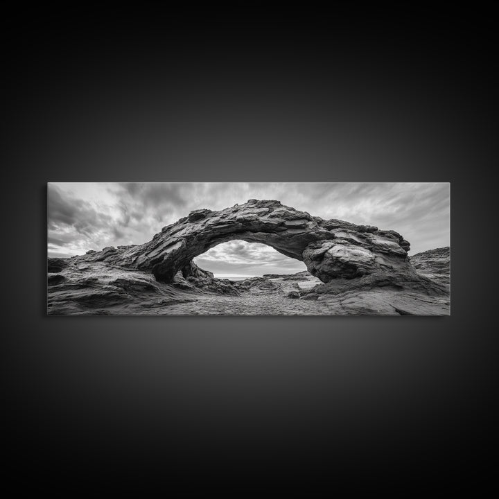 Rock Arch Landscape, Desert Formations, Dramatic Sky, Framed Canvas Print, Living Room Wall Art, Nature Inspired Decor, Monochrome Vibe