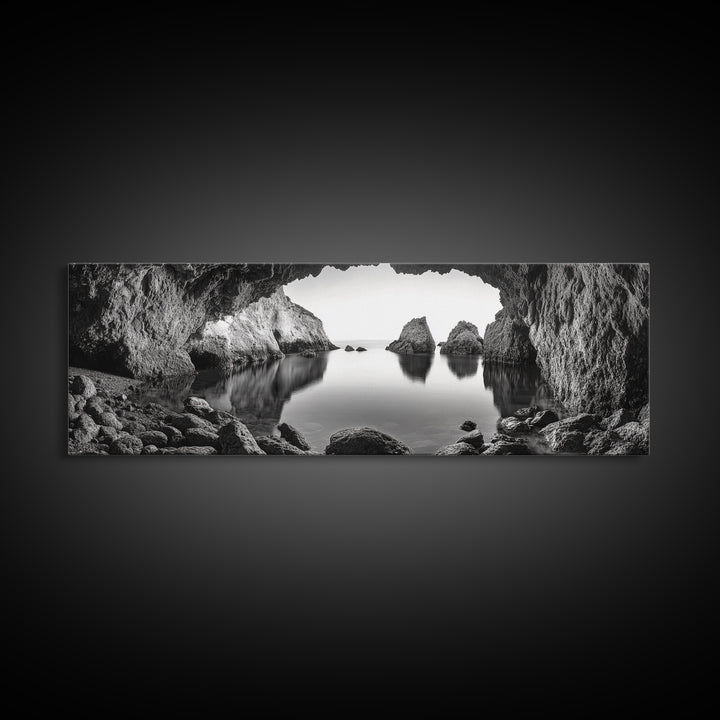 Sea Cave View, Ocean Reflections, Nature Escape, Framed Canvas Print, Beach House Wall Art, Zen Decor, Black and White Coastal Style