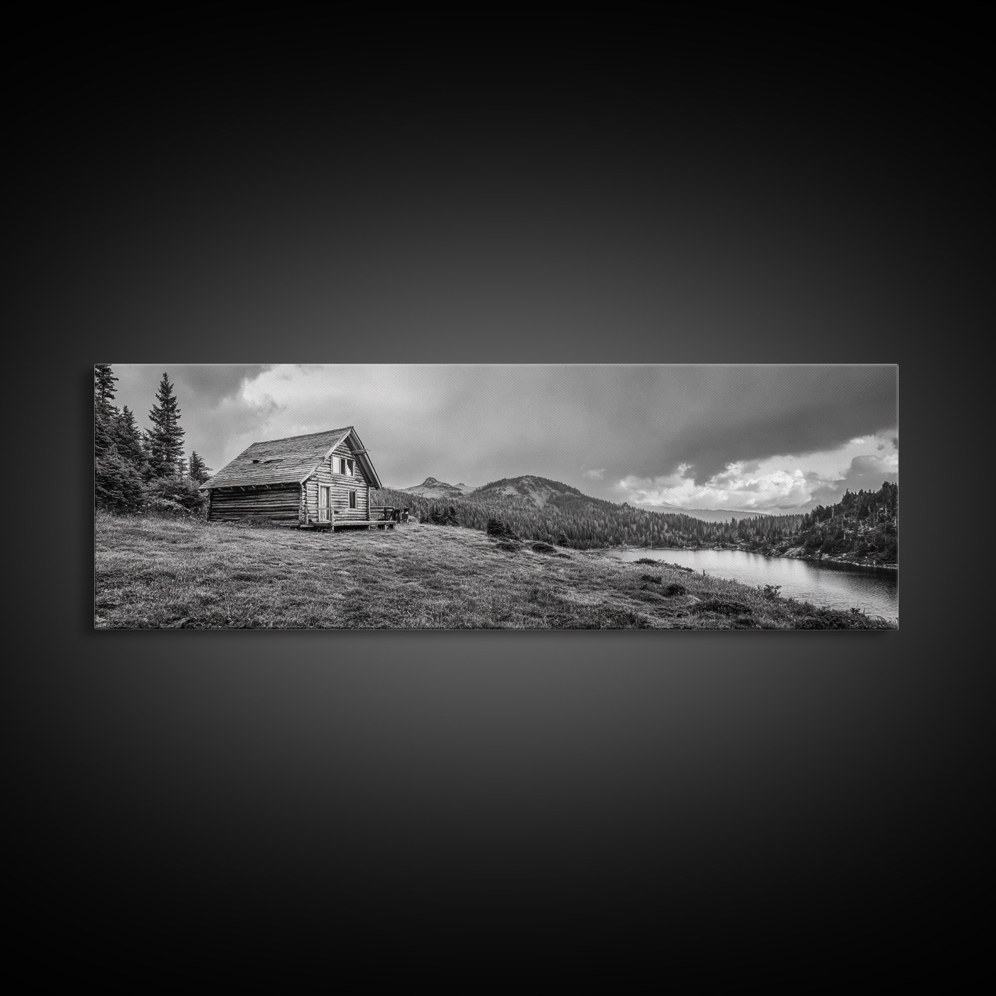 Cabin On Hill, Mountain Lake, Rustic Retreat, Canvas Print, Fall Wall Art, Cozy Home Decor, Adventure Landscape, Nature-Inspired Design