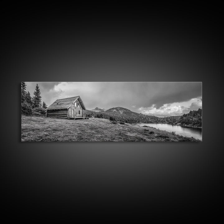 Cabin On Hill, Mountain Lake, Rustic Retreat, Canvas Print, Fall Wall Art, Cozy Home Decor, Adventure Landscape, Nature-Inspired Design