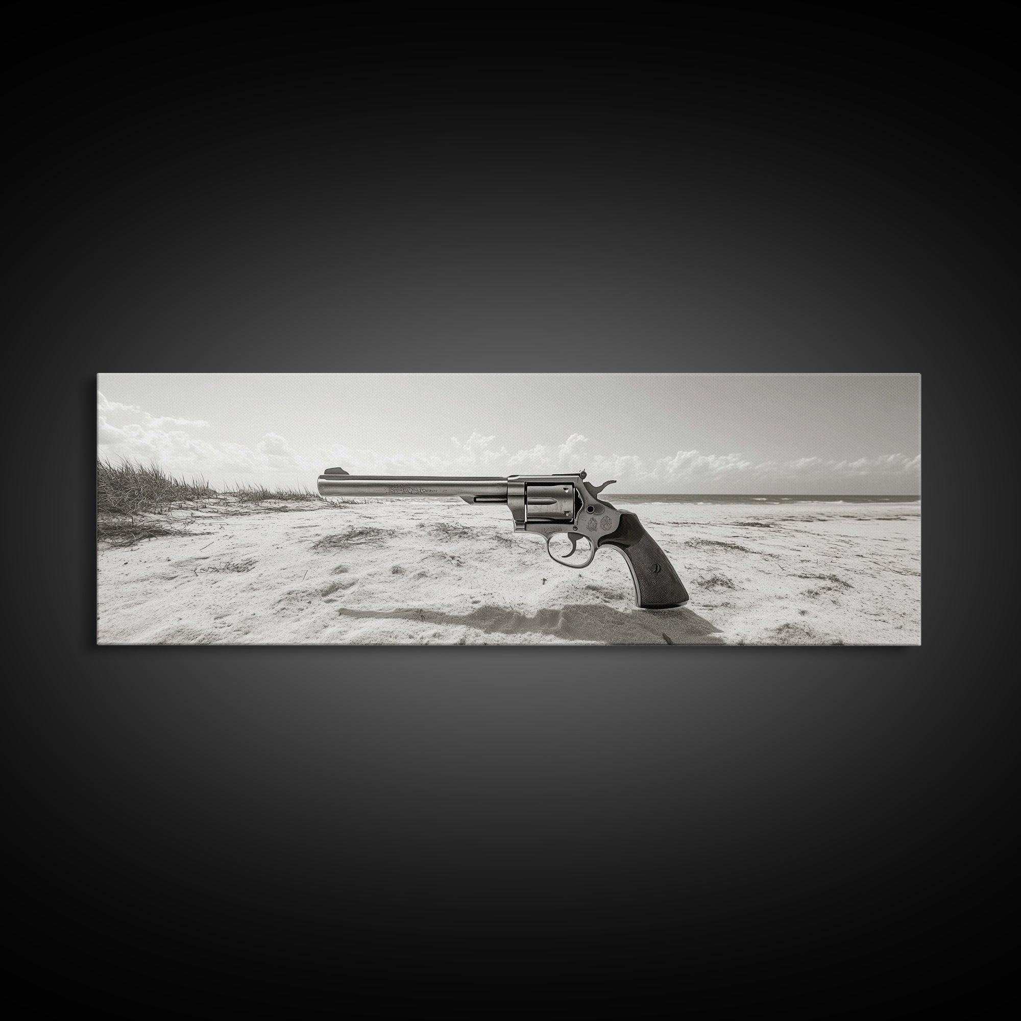 Revolver On Beach, Western Vibes, Americana Style, Framed Canvas Print, Man Cave Wall Art, Bold Statement Decor, Coastal Contrast