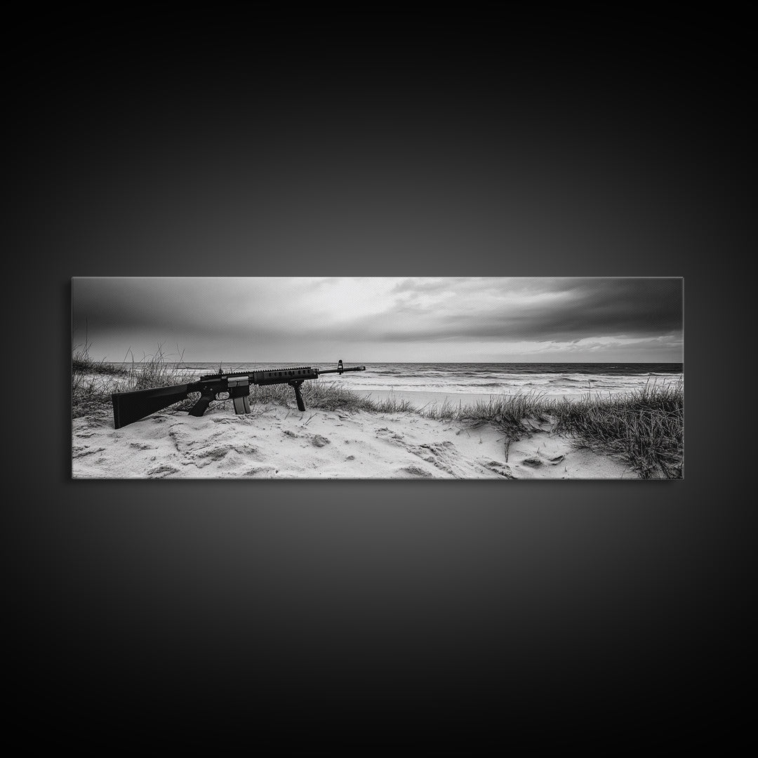 Rifle Seaside Scene, Tactical Still Life, Stormy Beach Mood, Canvas Print, Industrial Wall Art, Dramatic Photography, Masculine Decor