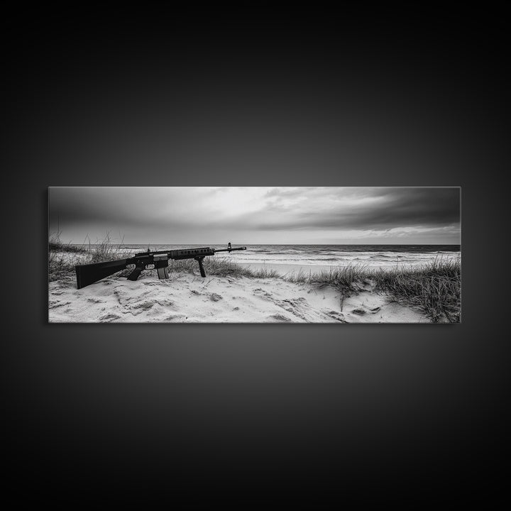 Rifle Seaside Scene, Tactical Still Life, Stormy Beach Mood, Canvas Print, Industrial Wall Art, Dramatic Photography, Masculine Decor