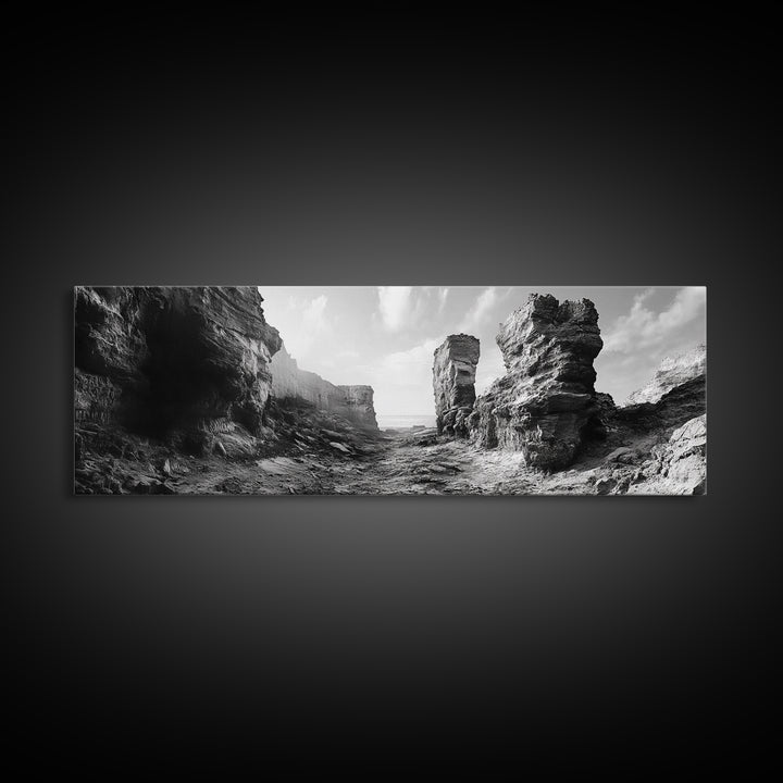 Coastal Rock Passage, Ocean Cliffside Art, Natural Texture Photography, Framed Canvas Print, Bathroom or Hallway Wall Art