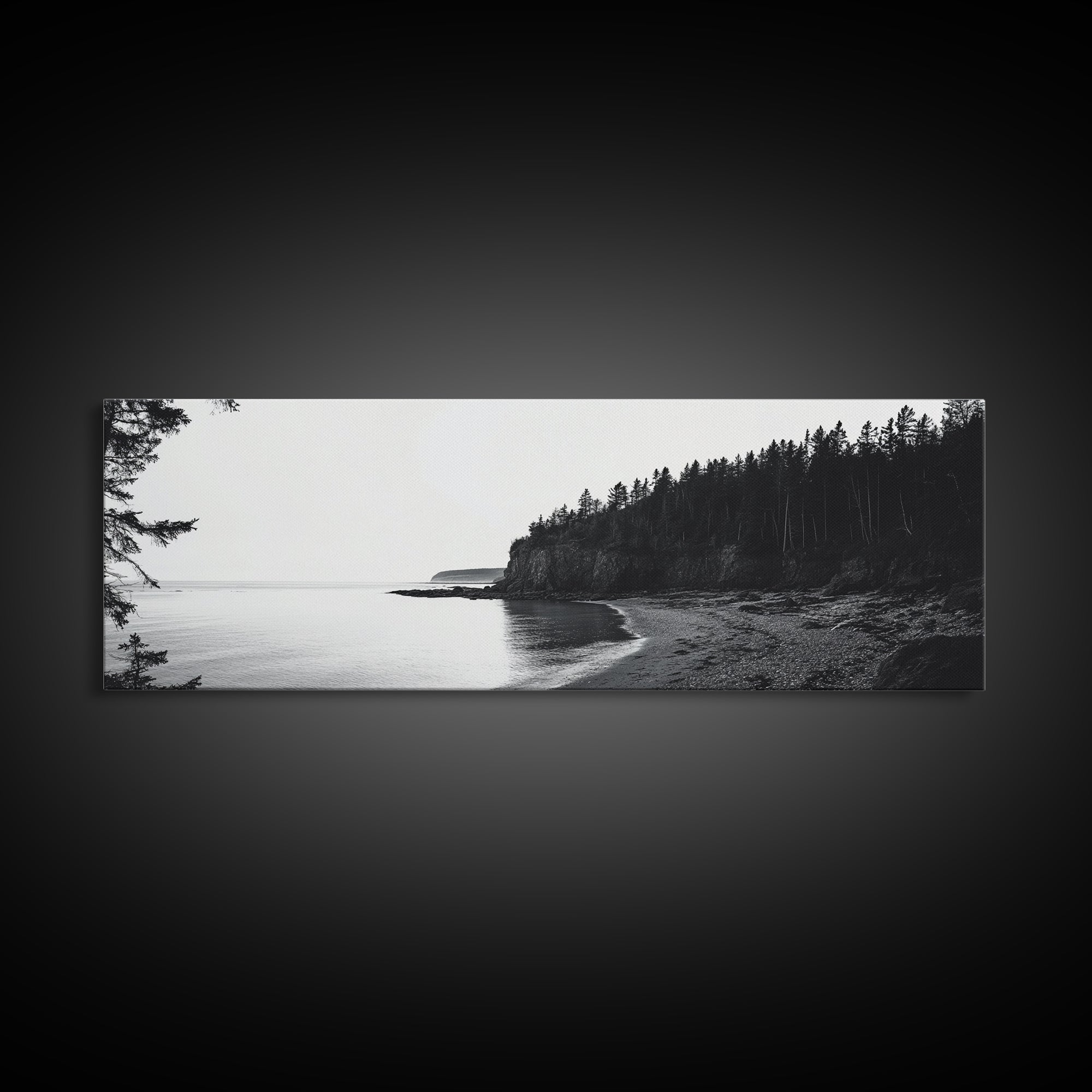 Forest Cliffs, Quiet Bay, Monochrome Coast, Canvas Print, Nature Photography, Modern Rustic Wall Art, Entryway or Office Decor