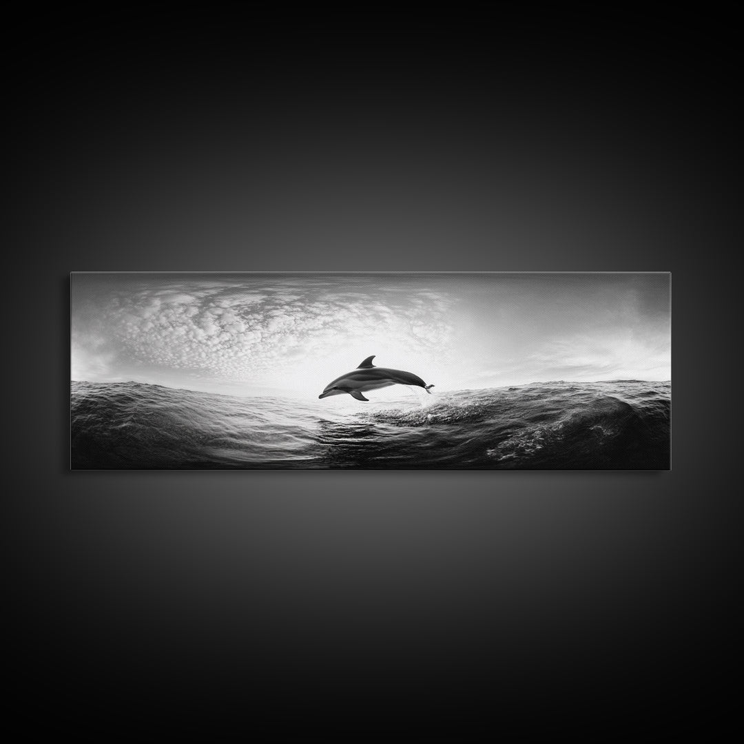 Ocean Dolphin Jump, Seascape Art, Black White Photography, Coastal Wall Decor, Canvas Print, Minimalist Bathroom Wall Art, Nautical Style