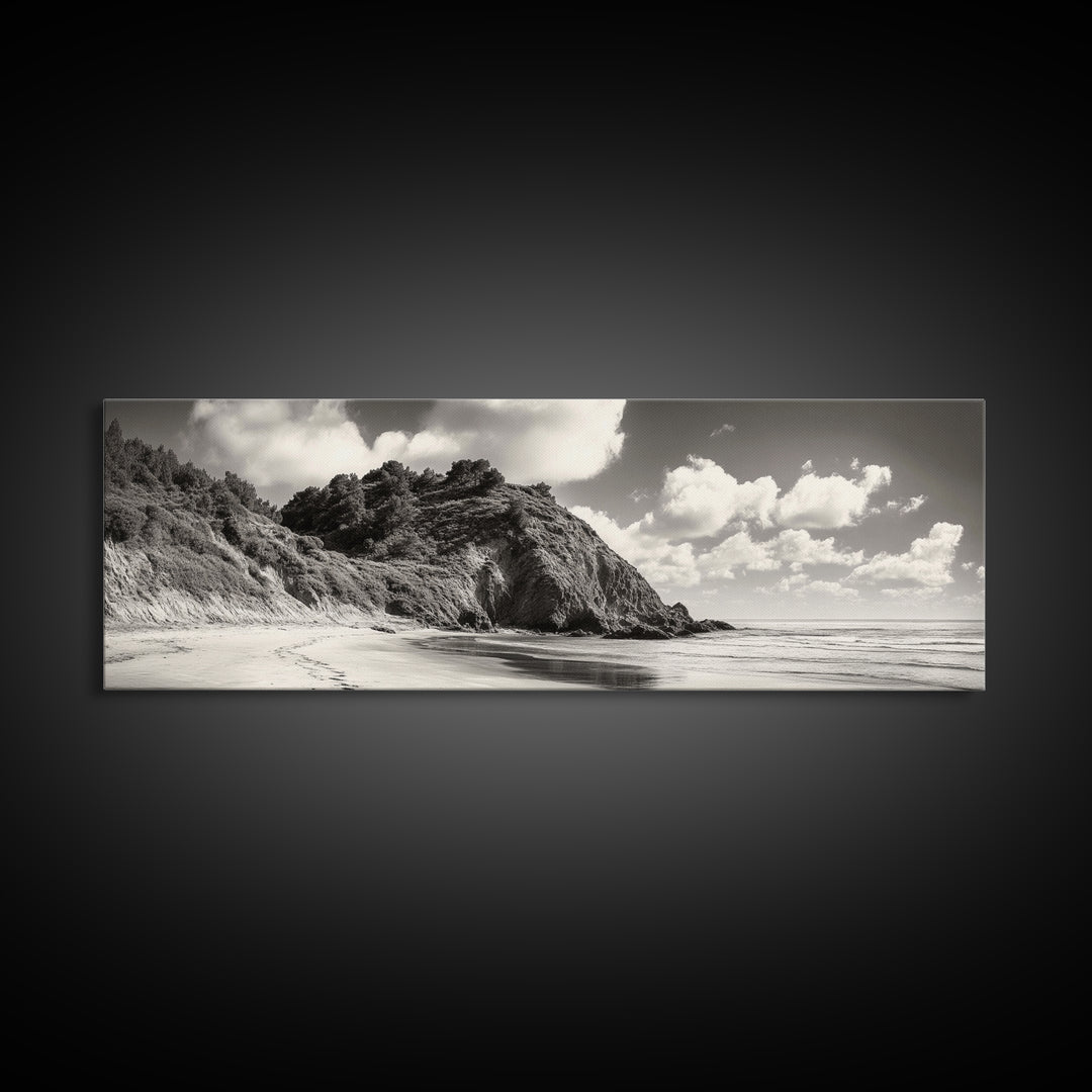 Seaside Cliff, Pine Hills, Sandy Beach, Canvas Print, Coastal Landscape Art, Modern Nature Decor, Beach House Living Room Style
