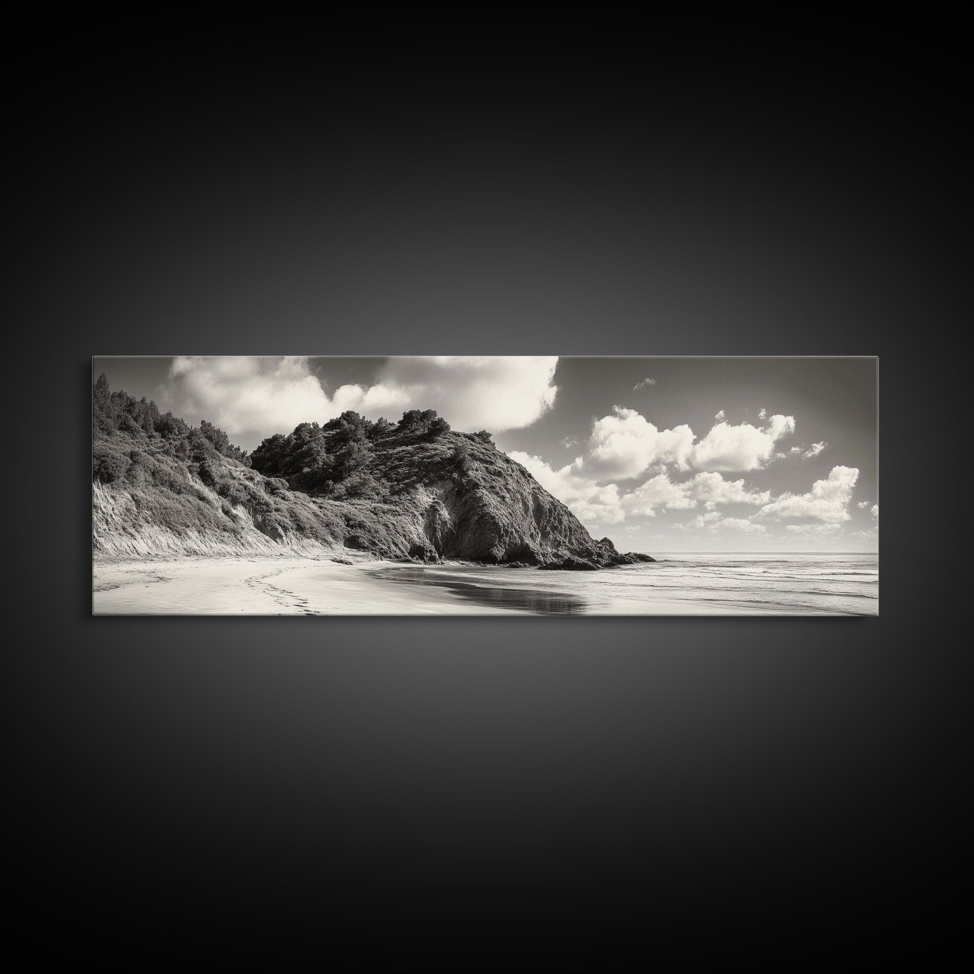 Seaside Cliff, Pine Hills, Sandy Beach, Canvas Print, Coastal Landscape Art, Modern Nature Decor, Beach House Living Room Style