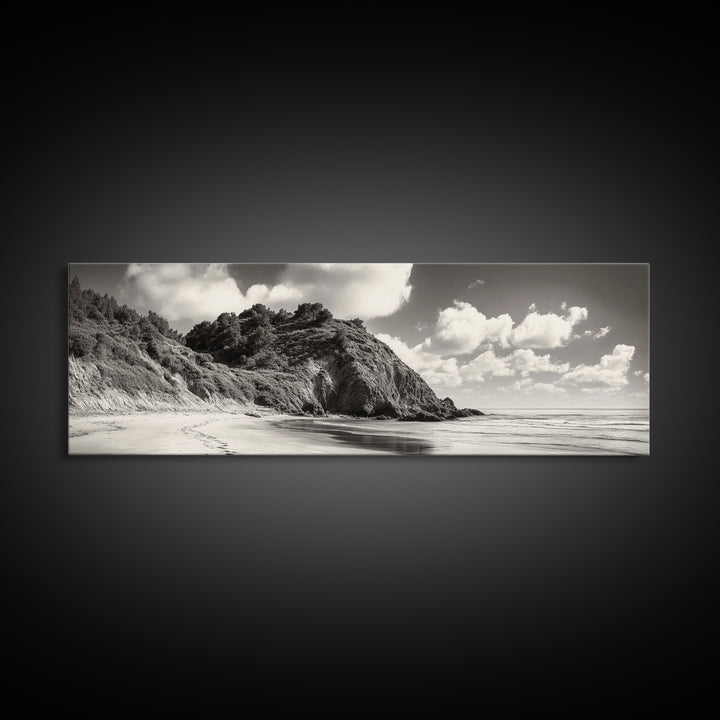 Seaside Cliff, Pine Hills, Sandy Beach, Canvas Print, Coastal Landscape Art, Modern Nature Decor, Beach House Living Room Style