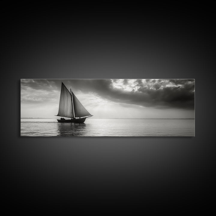 Sailboat, Ocean Horizon, Dramatic Sky, Framed Canvas Print, Nautical Wall Art, Minimalist Office Decor, Ocean Lover Photography