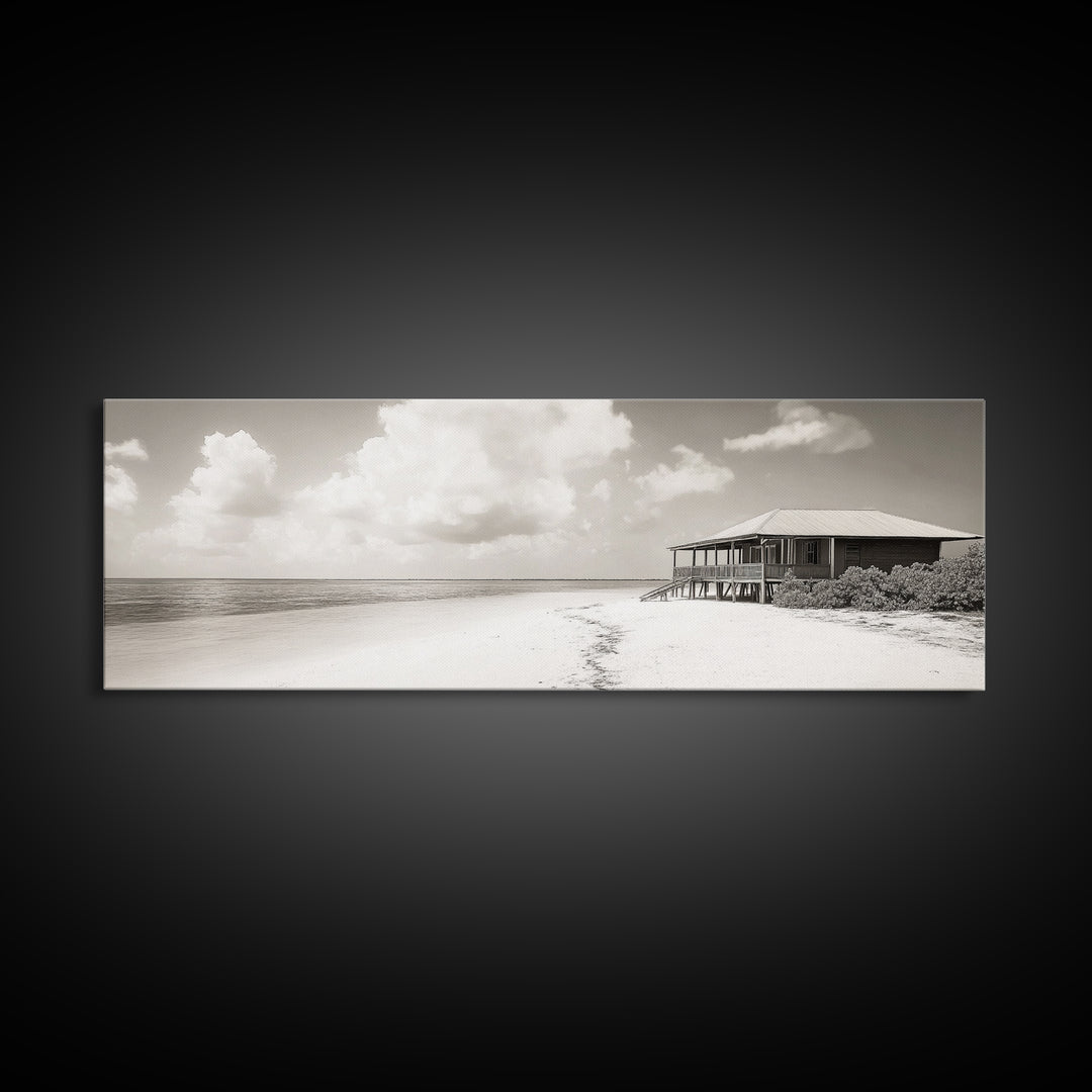 Beach House, Secluded Shore, Calm Waters, Framed Canvas Print, Coastal Wall Art, Minimalist Living Room Decor, Vacation Vibes