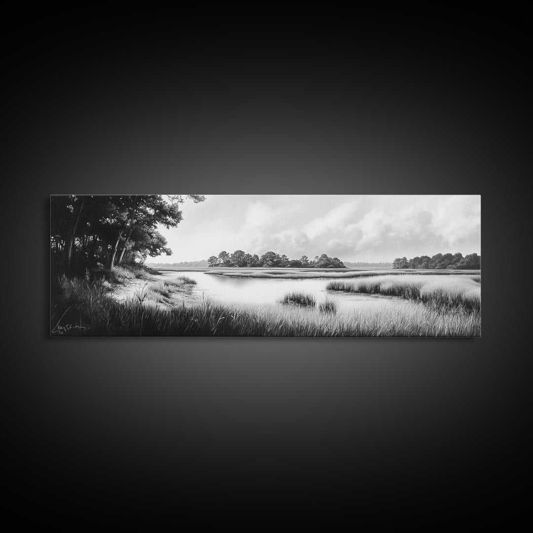 Marsh Scene, Grassy Shore, Tree Lined Path, Canvas Print, Nature Landscape Art, Rustic Cabin Decor, Peaceful Living Room Style