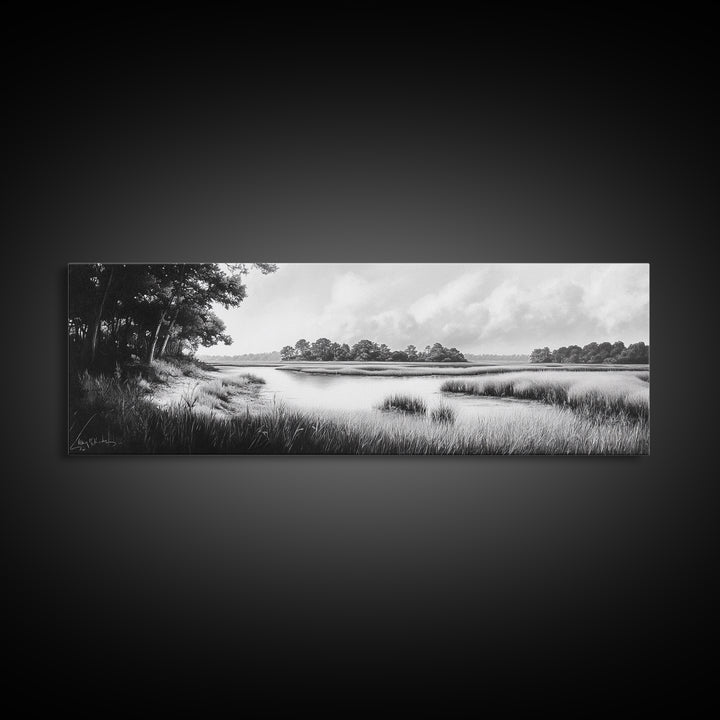 Marsh Scene, Grassy Shore, Tree Lined Path, Canvas Print, Nature Landscape Art, Rustic Cabin Decor, Peaceful Living Room Style