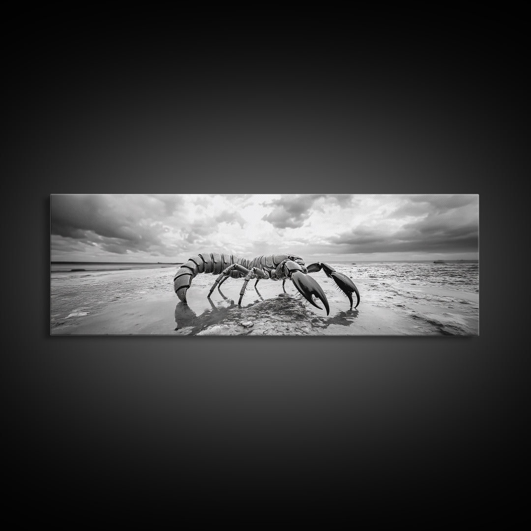 Giant Scorpion Beach, Surreal Creature, Dark Fantasy, Ocean Monster, Framed Canvas Print, Halloween Wall Art, Teen Room Decor, Bedroom Art