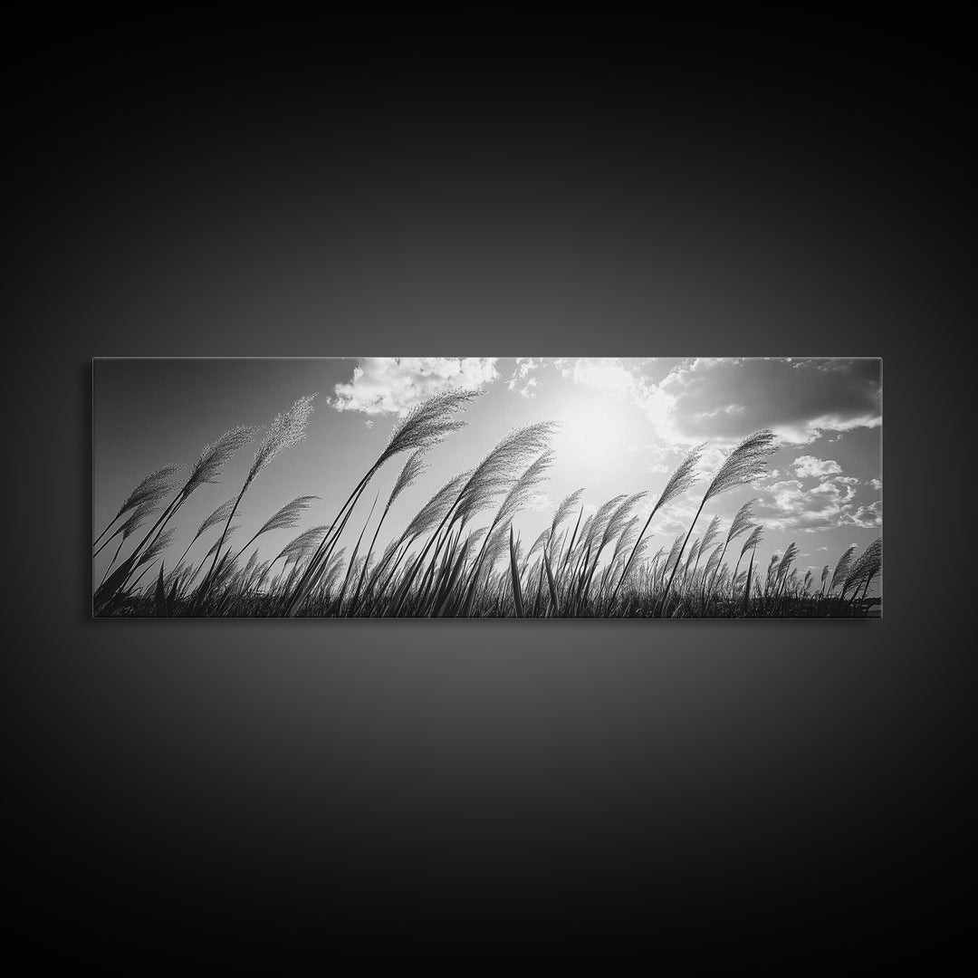 Windy Grass Field, Sunlit Sky, Nature Movement, Prairie Glow, Framed Canvas Print, Fall Wall Art, Living Room Decor, Boho Rustic Aesthetic