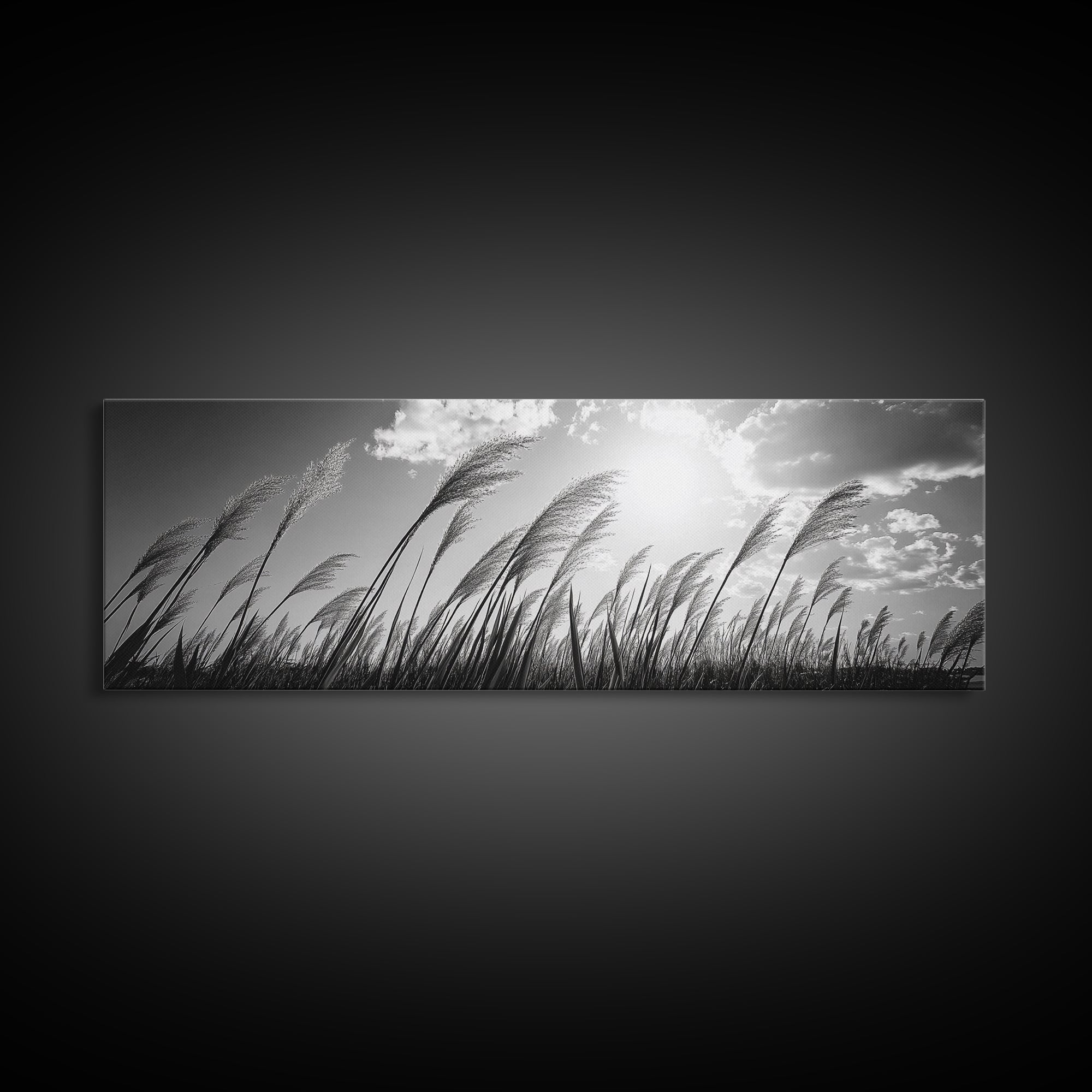 Windy Grass Field, Sunlit Sky, Nature Movement, Prairie Glow, Framed Canvas Print, Fall Wall Art, Living Room Decor, Boho Rustic Aesthetic