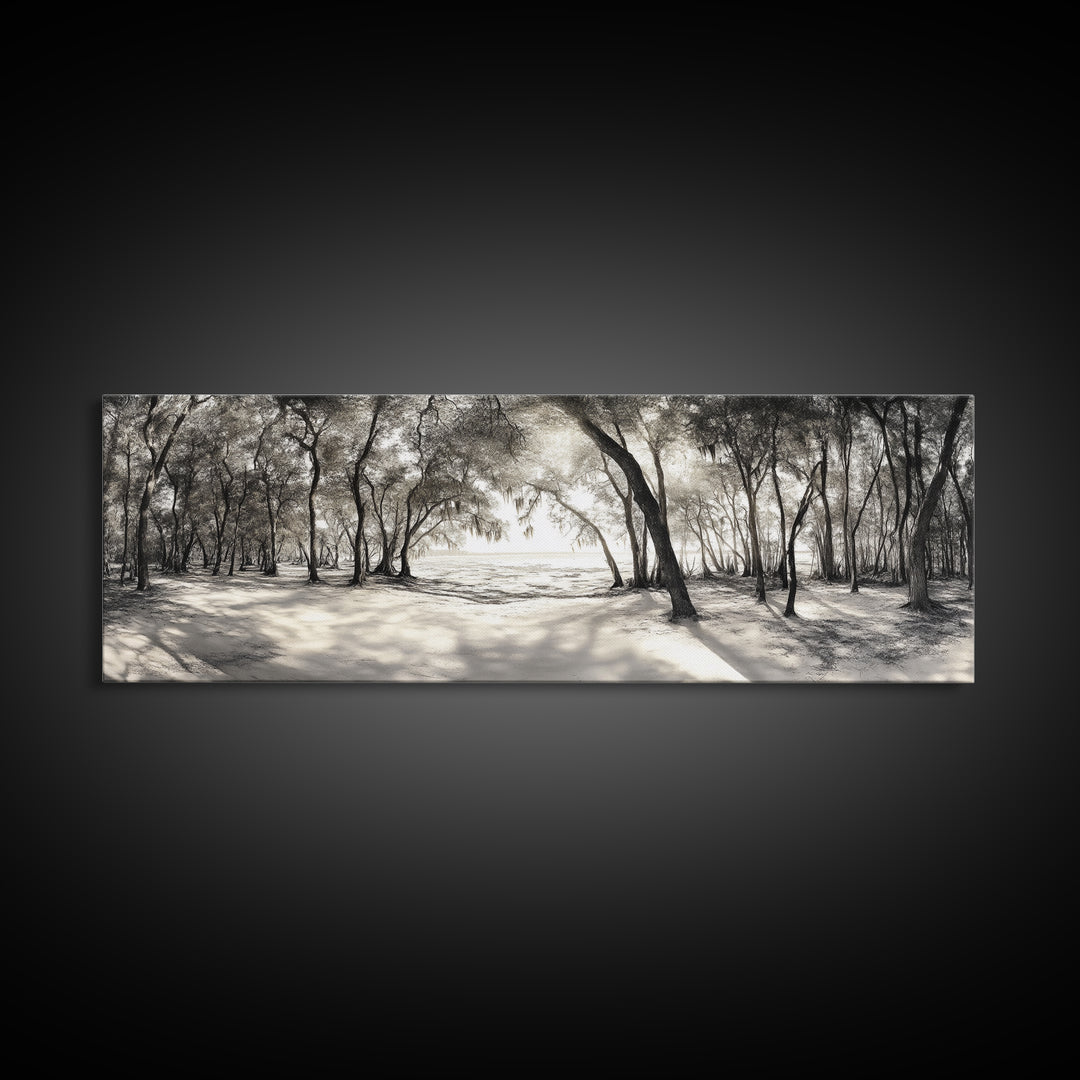 Dreamy Beach Forest, Sepia Trees, Canvas Print, Nature Wall Decor, Fall Bedroom Art, Rustic Woodland Landscape, Tree Shadow Light