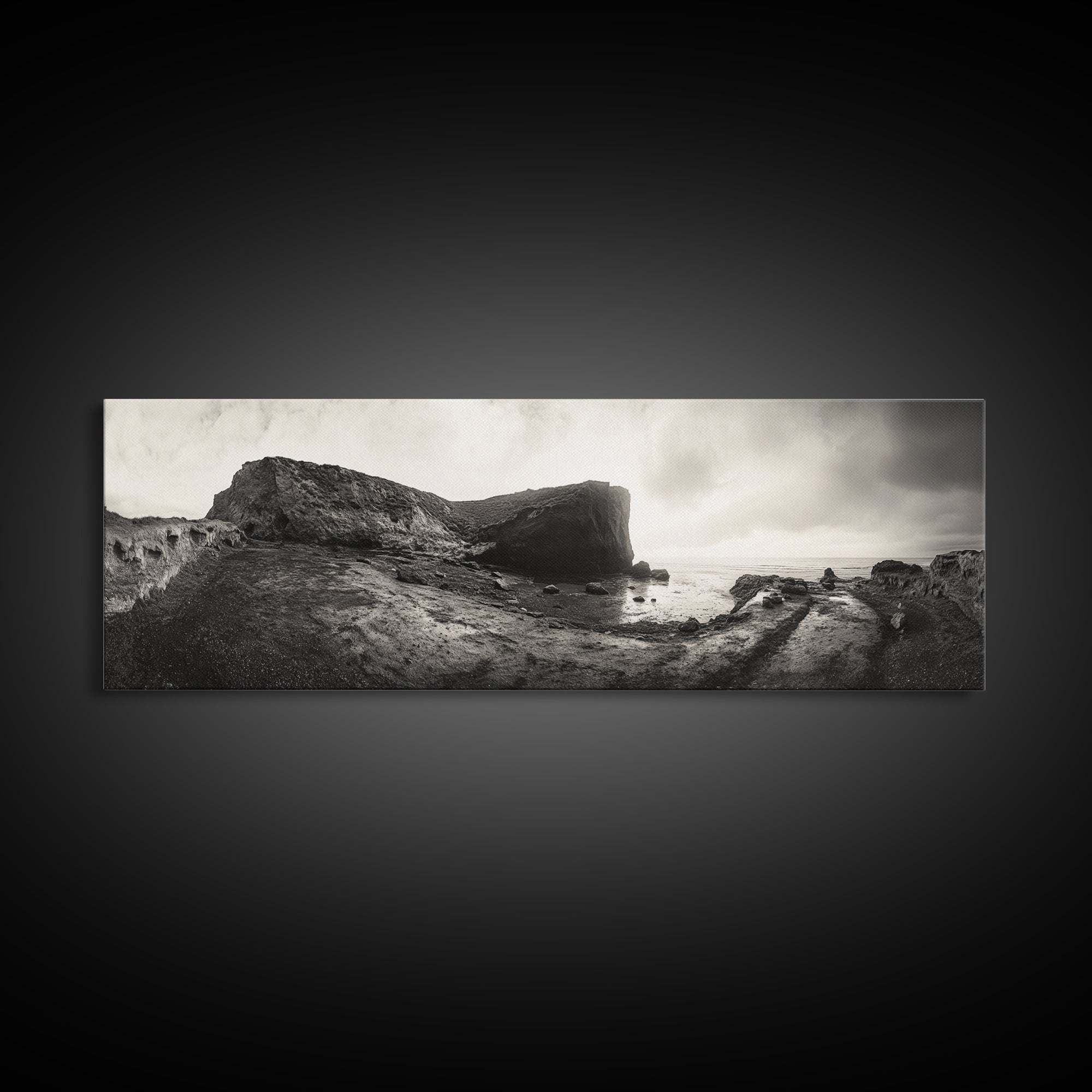 Rocky Coastal Path, Ocean Horizon View, Canvas Print, Neutral Earth Tones, Rustic Wall Art, Beach Landscape Photography, Grunge Nautical Art