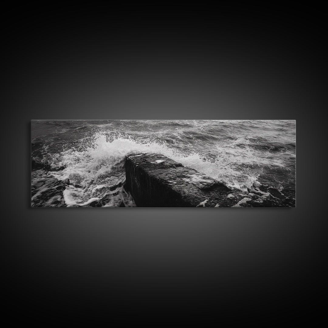 Crashing Waves Rock, Coastal Seascape, Ocean Photography, Black White Art, Framed Canvas Print, Nautical Bathroom Wall Decor