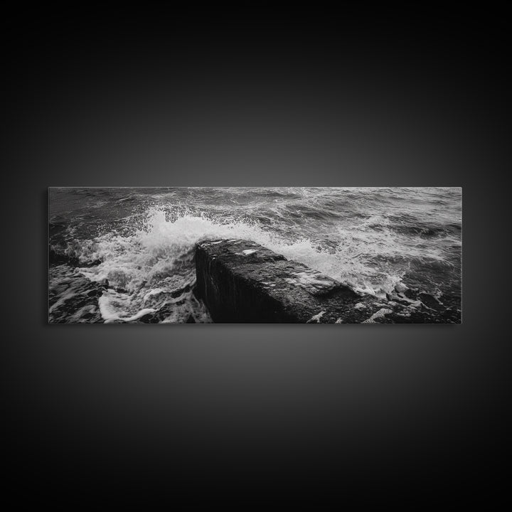 Crashing Waves Rock, Coastal Seascape, Ocean Photography, Black White Art, Framed Canvas Print, Nautical Bathroom Wall Decor