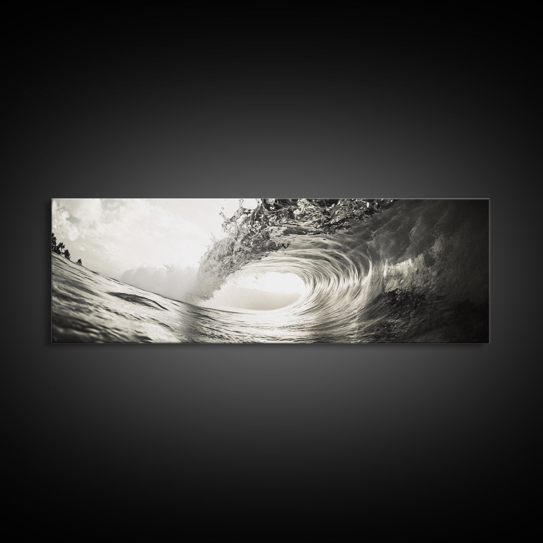 Ocean Barrel Wave, Surf Photography, Coastal Decor, Sepia Framed Canvas Print, Modern Beach House Bathroom or Living Room Wall Art