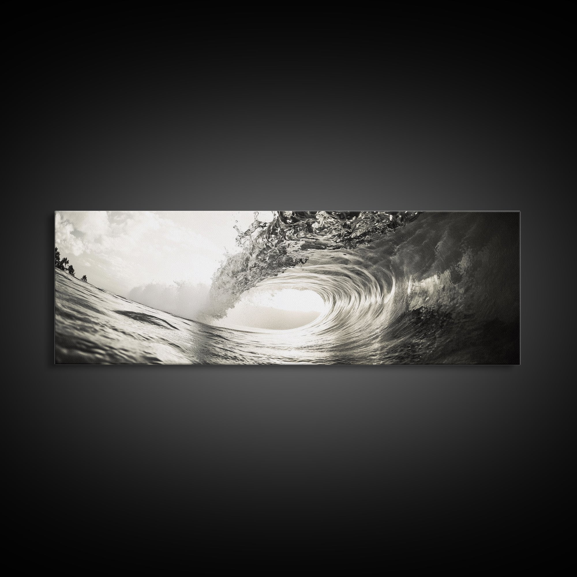 Ocean Barrel Wave, Surf Photography, Coastal Decor, Sepia Framed Canvas Print, Modern Beach House Bathroom or Living Room Wall Art
