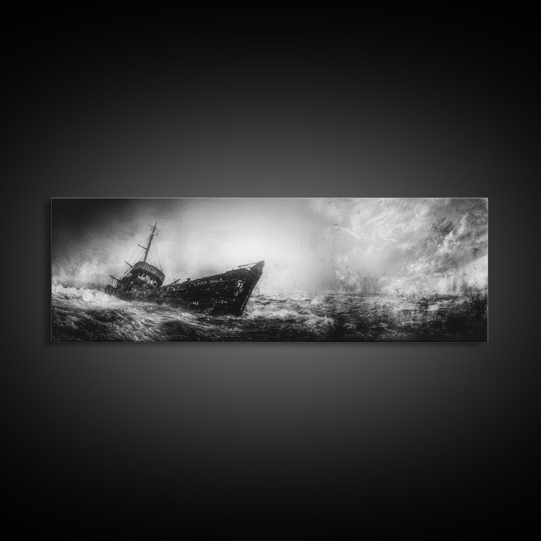 Abandoned Shipwreck Storm, Dark Sea Drama, Grunge Nautical Art, Framed Canvas Print, Industrial Office or Man Cave Wall Decor